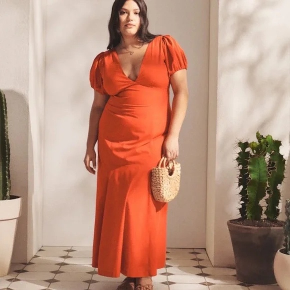 BNWT Abercrombie Puff Sleeve Slim Poplin Midi Dress - Petite